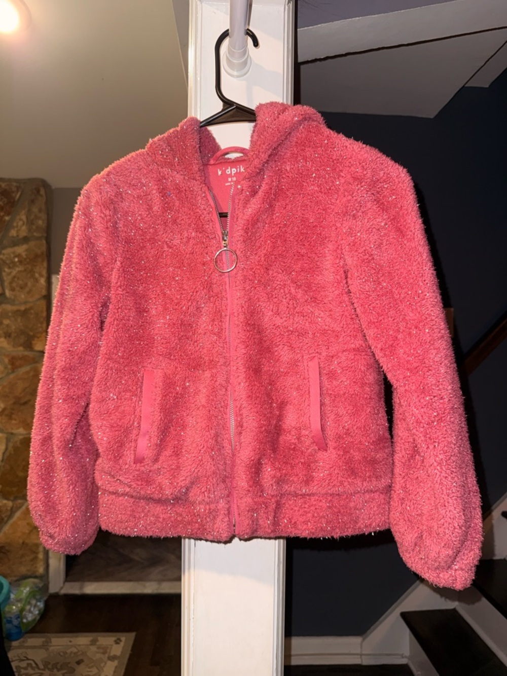 Kidpik Pink Fuzzy Sparkle Hoodie Jacket Girls M 10 Cozy Zip Up